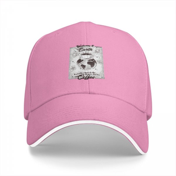 Black baseball cap with earth and coffee themed graphic print