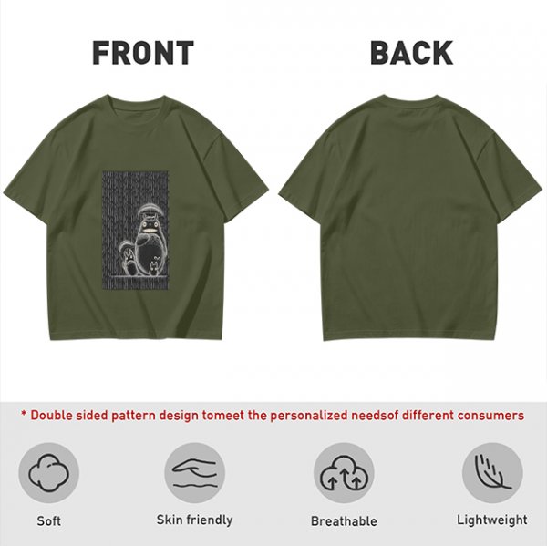 Olive green graphic tee with Totoro family illustration