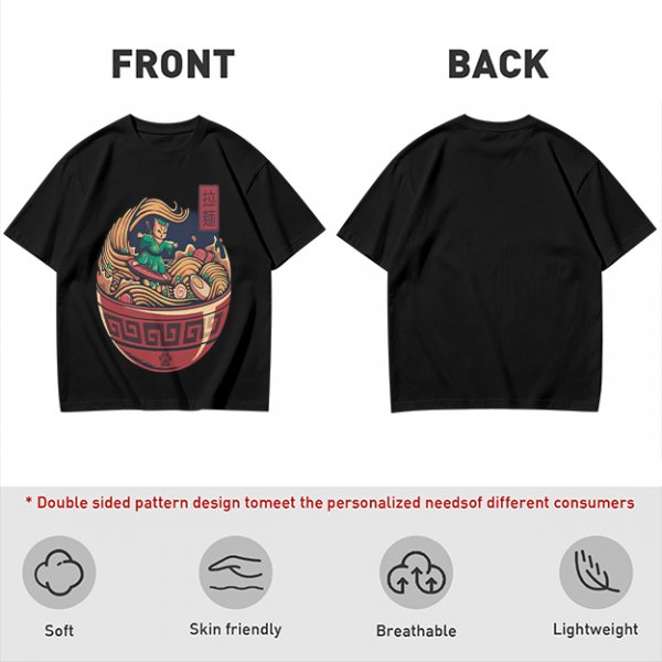 Olive T-shirt with Samurai Cat Surfing Ramen Bowl Art