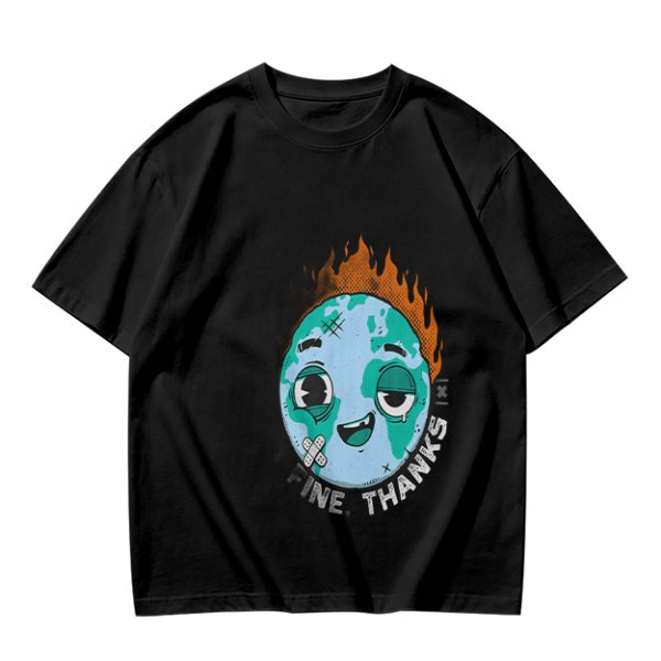 Olive T-shirt with Worn Burning Earth Graphic and 'Fine Thanks' Text