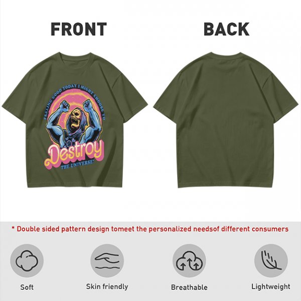 Olive t-shirt with Skeletor 'Feeling Good Today I Might Choose To Destroy The Universe' print
