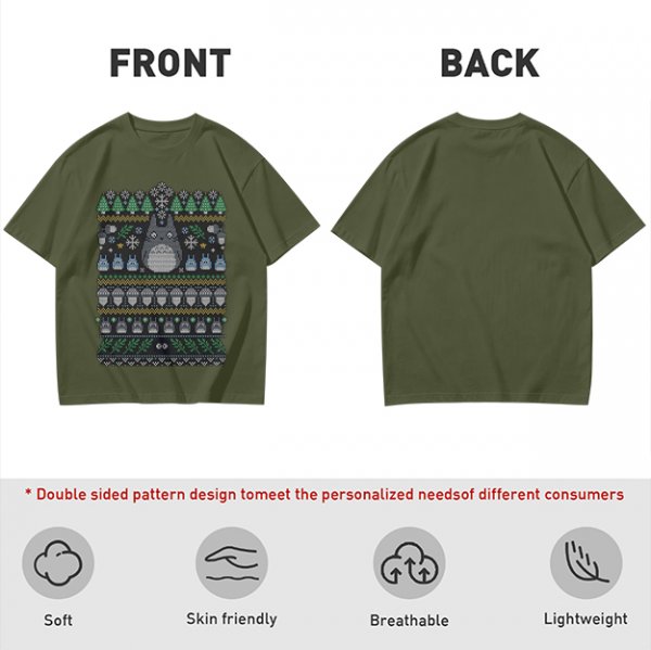 Olive T-Shirt With Totoro Ugly Christmas Sweater Style Print