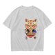 Olive green t-shirt with a cute cat eating ramen graphic