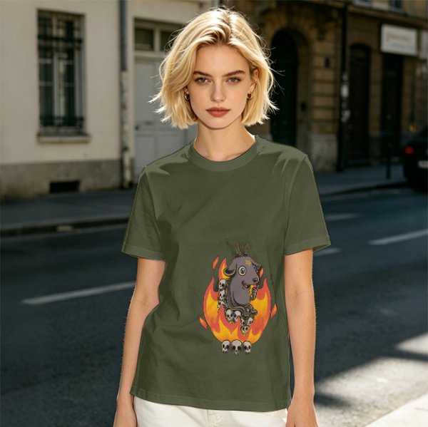 Olive T-Shirt With Cartoon Goat On Flames And Skulls Print