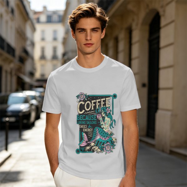 Olive t-shirt with mermaid coffee print 'Coffee Because Luring Sailors Takes Energy'