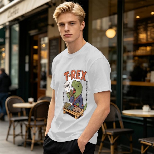 Olive T-shirt with cartoon T-Rex holding small dinosaurs and RAWR text