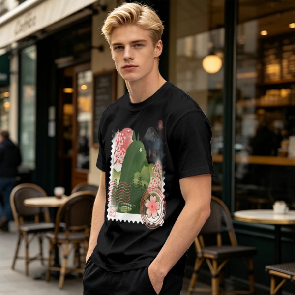 Olive T-Shirt with Totoro Cherry Blossom Stamp Art Print