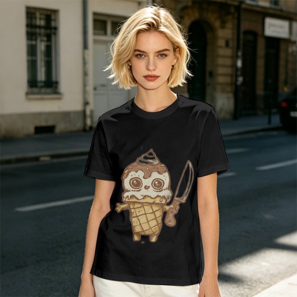 Olive T-Shirt With Cute Ice Cream Cone Holding Knife Print