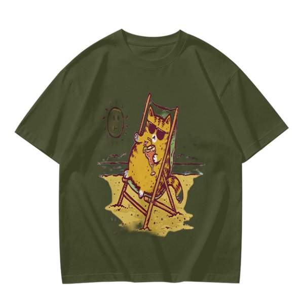 Olive T-Shirt With Cool Cat Lounging On Beach Chair Holding Drink