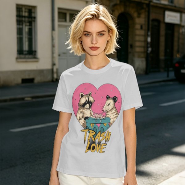 Olive Graphic T-Shirt with Raccoon and Opossum Trash Love Design