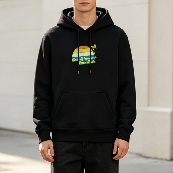 Black hoodie with retro sunset and 'Smile If You're Dead Inside' print