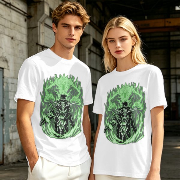 Olive T-Shirt With Skeleton Gentleman And Green Flames Art