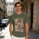 Olive green anime graphic t-shirt with monster and city scene