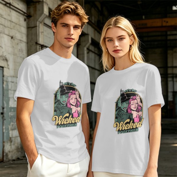 Olive green graphic t-shirt with 'Let's be Wicked Together' witch design