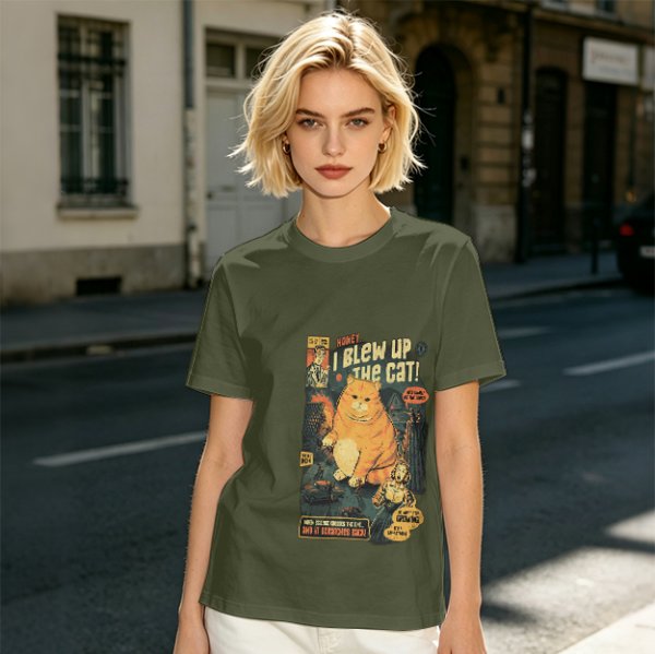 Olive t-shirt with vintage comic style 'I Blew Up The Cat!' print