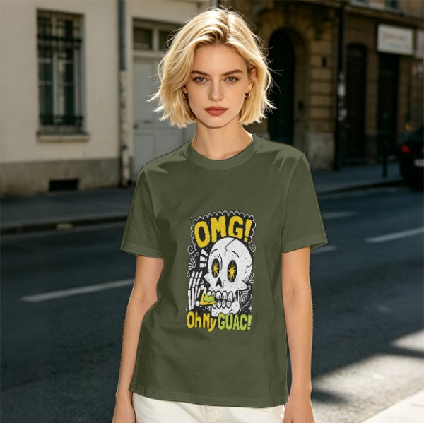 Olive T-Shirt With Funny Skull 'OMG Oh My Guac!' Print