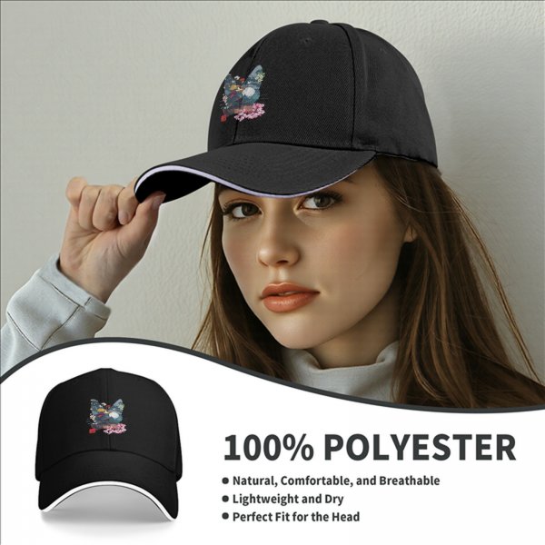 Black Baseball Cap With Cat Silhouette Cherry Blossom Landscape Art