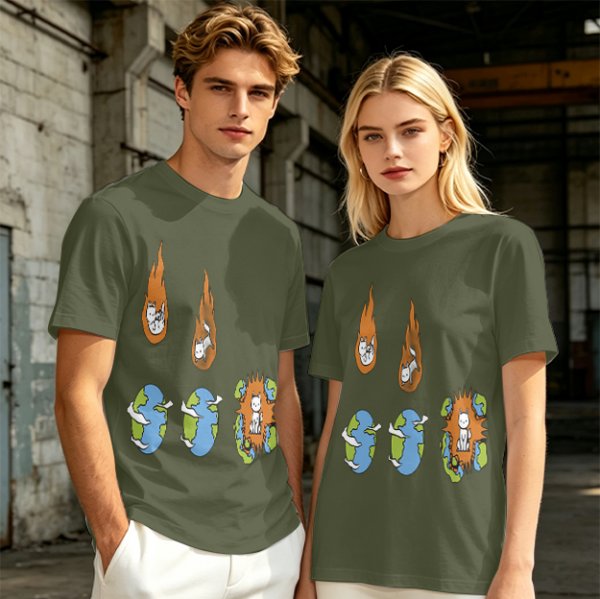 Olive Graphic Tee With Falling Cat Comets And Earth Artwork