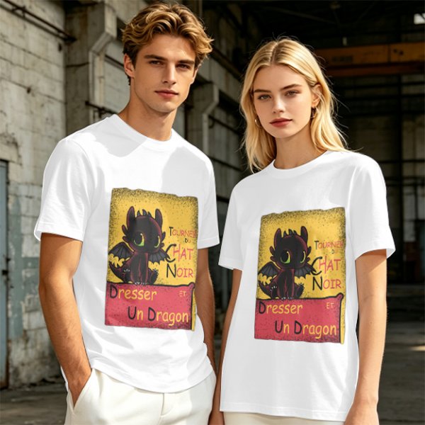 Olive t-shirt featuring Toothless dragon and Chat Noir themed text