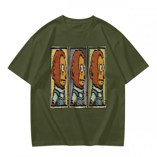 Olive Green T-Shirt With Three Panel Cartoon Monkey Head Print