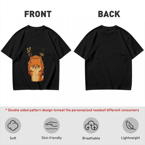 Olive green t-shirt with grumpy fox offering a hug graphic