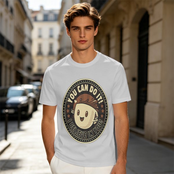 Olive green t-shirt with encouraging coffee character graphic and motivational text
