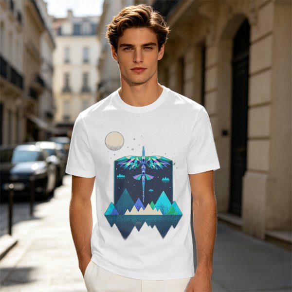 Olive T-Shirt With Geometric Dragonfly Mountain Night Scene Print