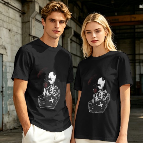 Olive T-shirt with Skeleton in Coffin Holding Coffee Print