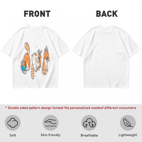 Olive T-Shirt With Playful Orange Cat Illustrations
