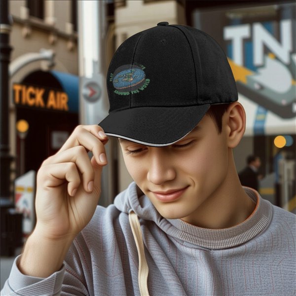Black baseball cap with flat earth 'around the world' graphic print