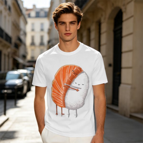 Olive T-shirt with Cute Hugging Salmon Sushi and Rice Print