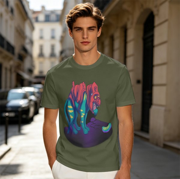 Olive T-Shirt With Vibrant Fantasy Creature Graphic Print