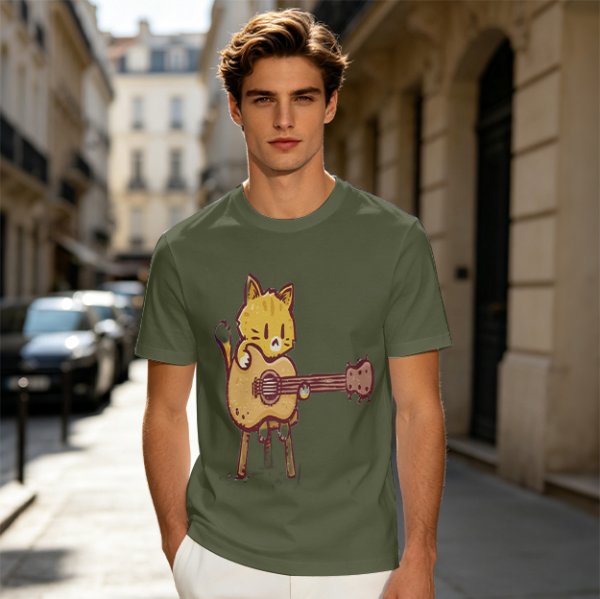 Olive T-shirt with Cute Orange Cat Playing Guitar Graphic