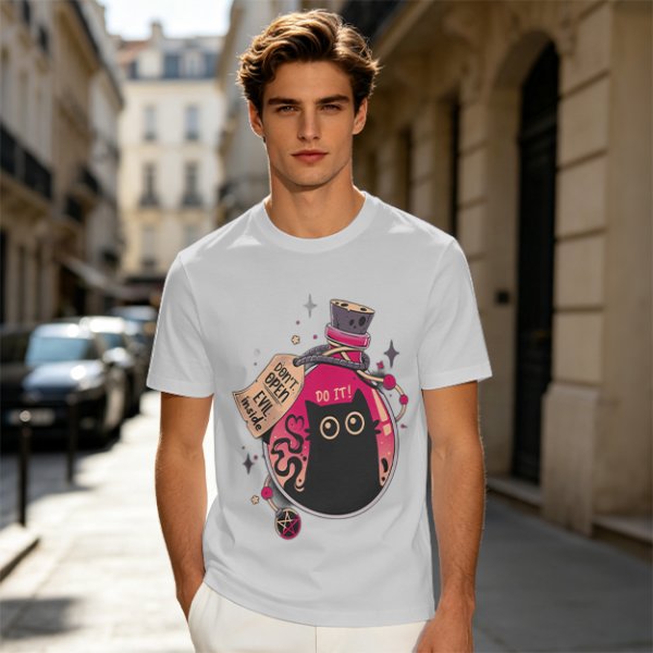 Olive T-shirt with a potion bottle holding a black cat that says don't open evil inside do it
