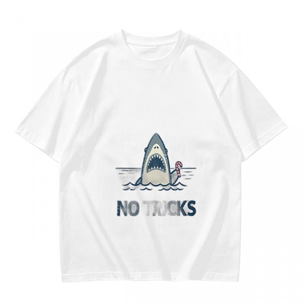 Olive T-shirt with Shark Holding Candy Cane and No Tricks Text