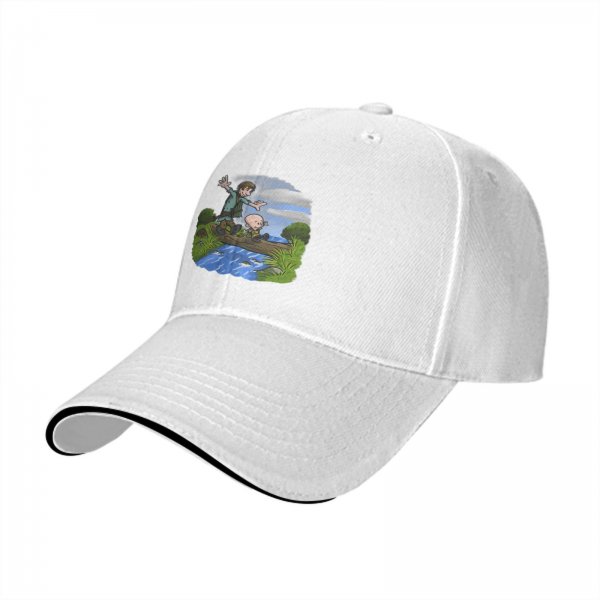 Black Baseball Cap With Cartoon Boys Crossing Stream Artwork