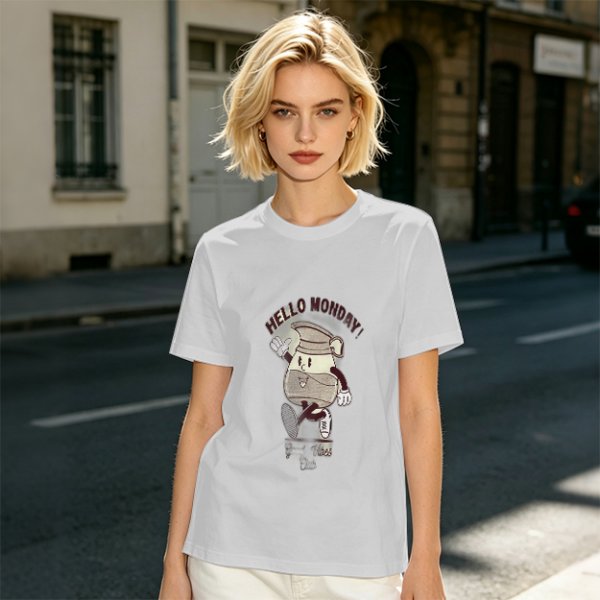 Olive Green T-Shirt with 'Hello Monday!' Coffee Character Graphic