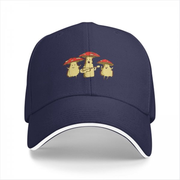 Black baseball cap with singing mushroom band graphic
