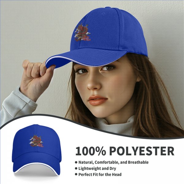 Black baseball cap with red dragon and cloud graphic design