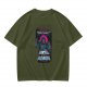 Olive graphic t-shirt with villain character and humorous text print