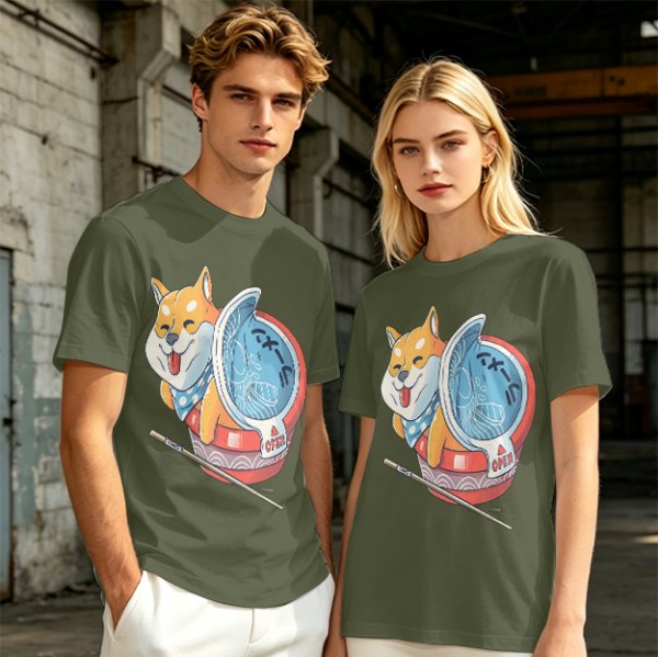 Olive T-shirt with Shiba Inu in Ramen Cup Graphic
