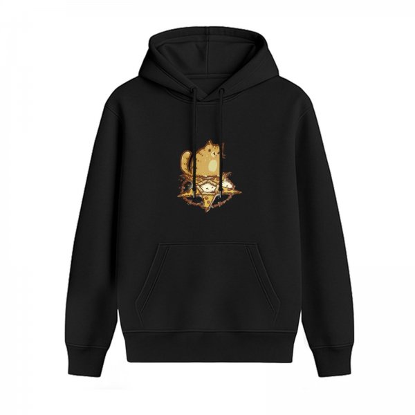 Black Hoodie With Cute Cat Pizza Graphic Print