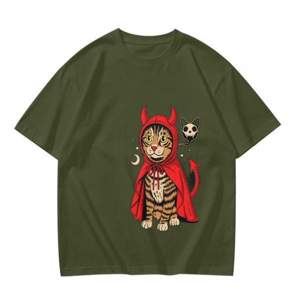 Olive T-shirt with a tabby cat in a devil hood and skull cat graphic