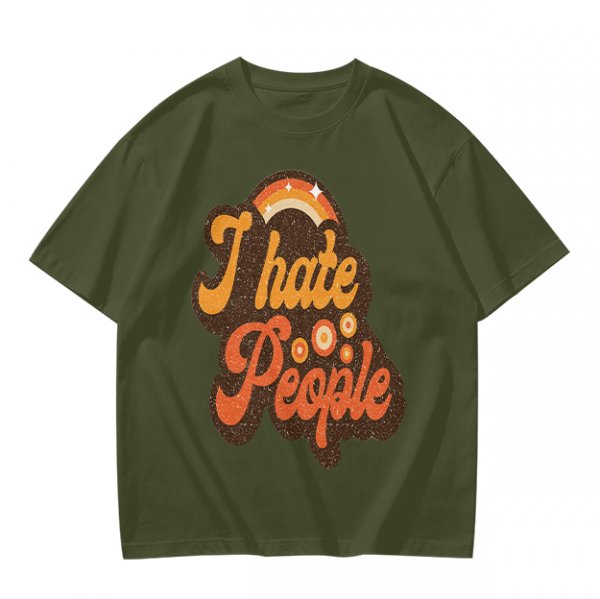 Olive Green Retro Graphic T-Shirt with "I Hate People" Print