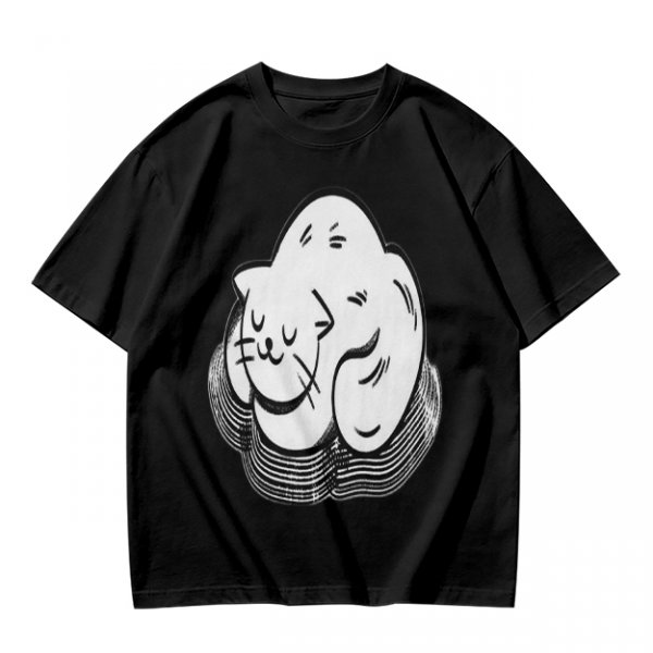 Olive Green T-Shirt With Sleeping Curled Cat Graphic Print