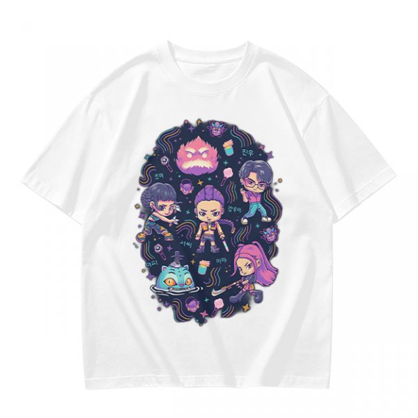 Olive T-shirt with Chibi Fantasy Characters and Whimsical Art Print