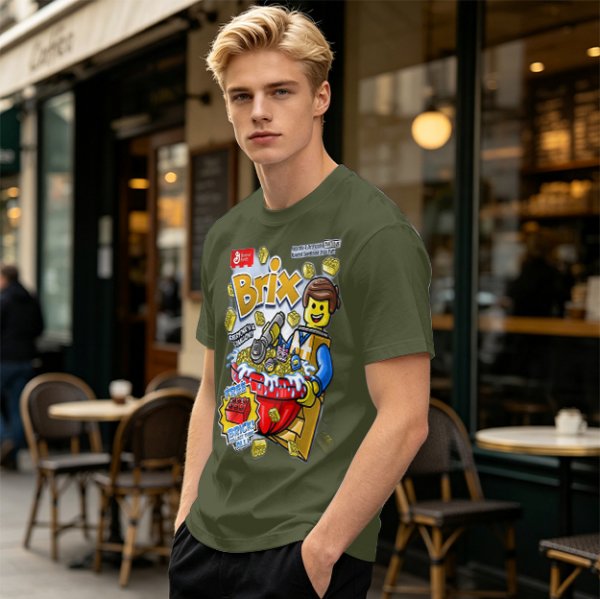 Olive t-shirt with Lego-style Brix cereal graphic print