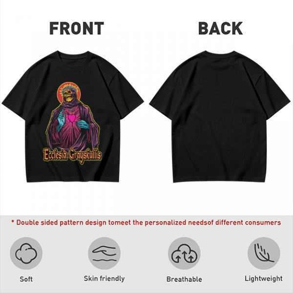 Olive t-shirt with skeleton religious graphic and Ecclesia Grayskullis text