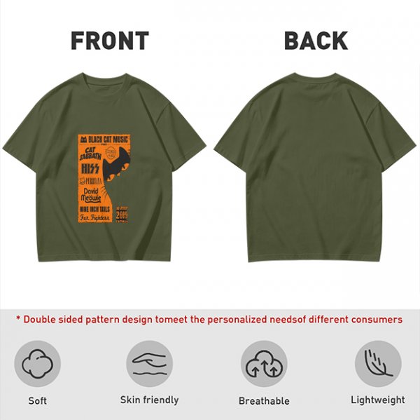 Olive T-Shirt with Cat-Themed Rock Band Concert Poster Print