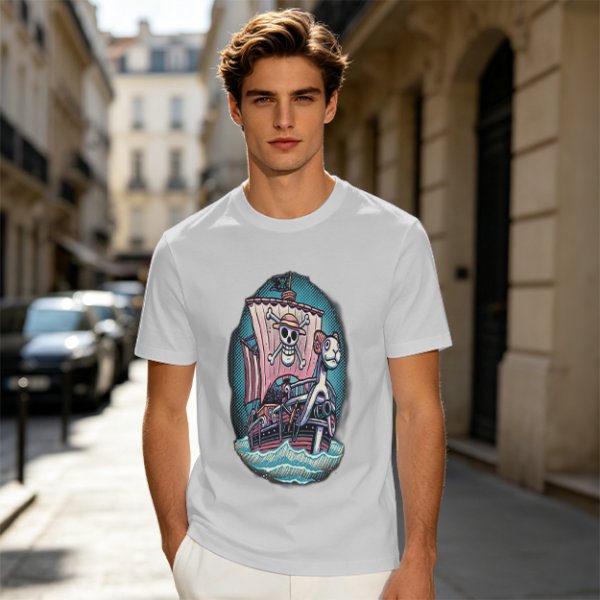 Olive T-shirt with One Piece Thousand Sunny Pirate Ship Print